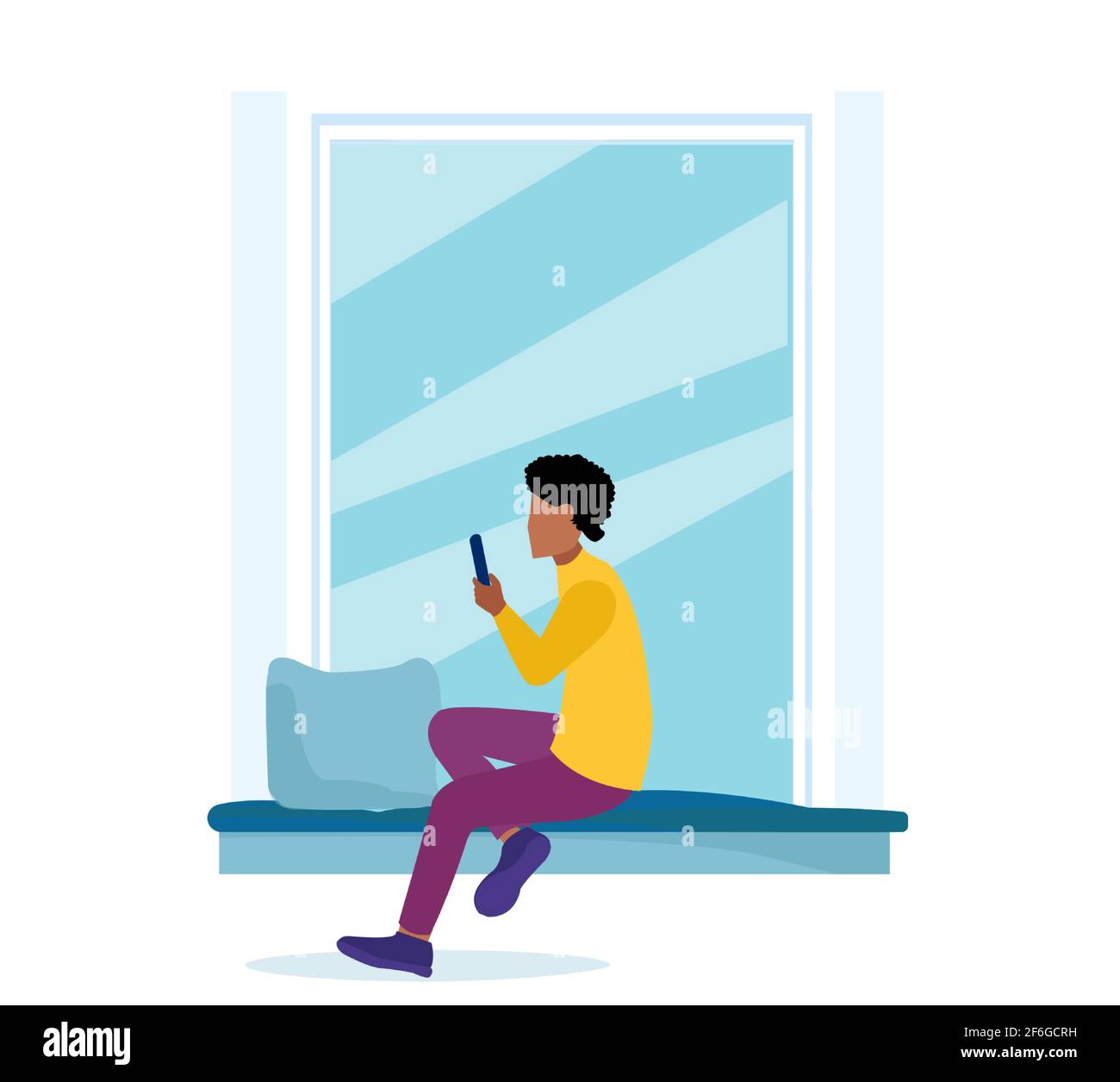 Vector of a young man sitting by the window using mobile phone Stock Vector