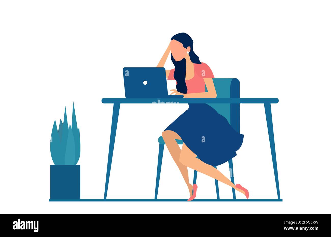 Vector of a stressed business woman sitting at desk working on computer ...