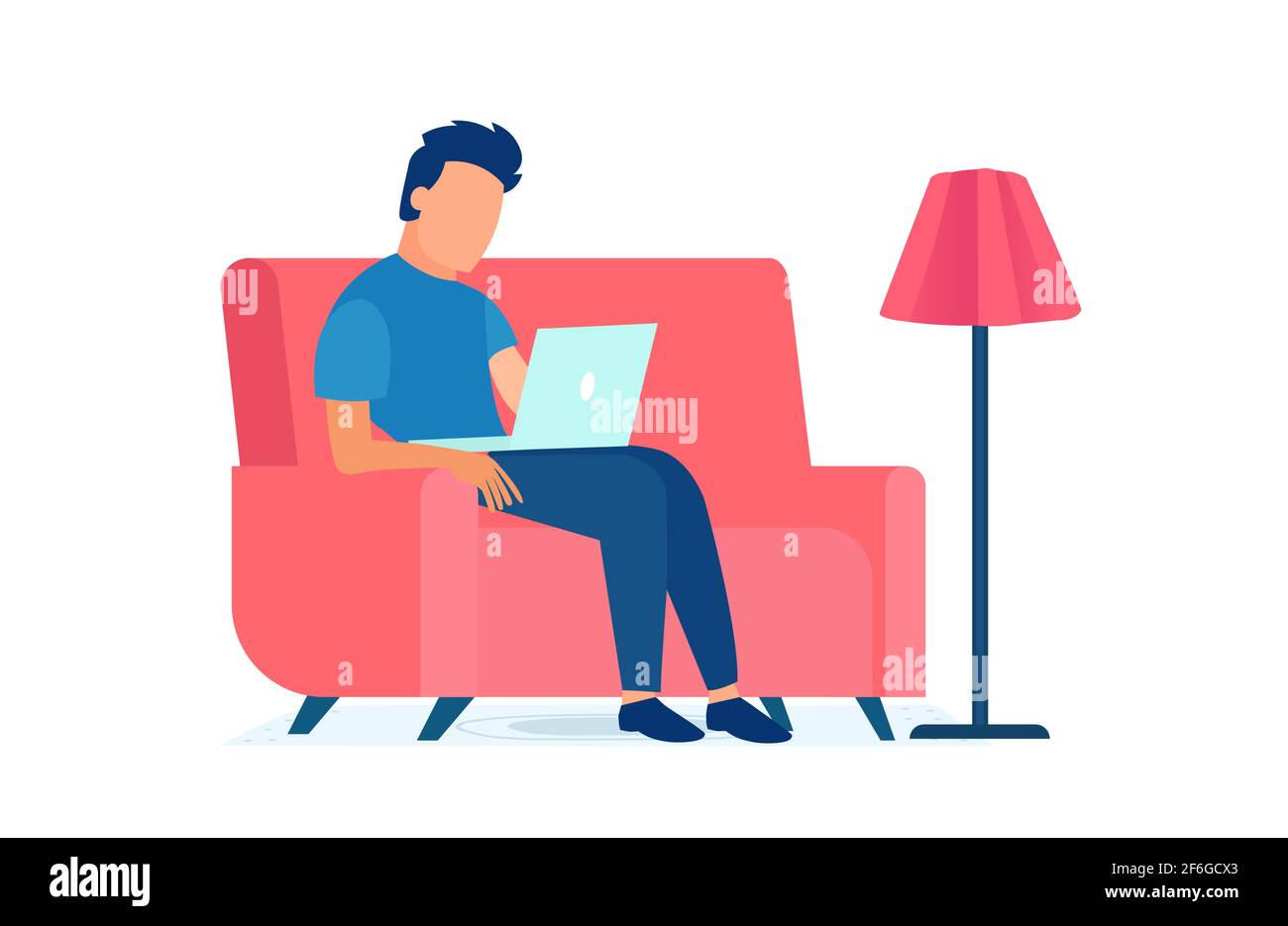 Vector of a young man sitting in armchair at home using laptop computer Stock Vector