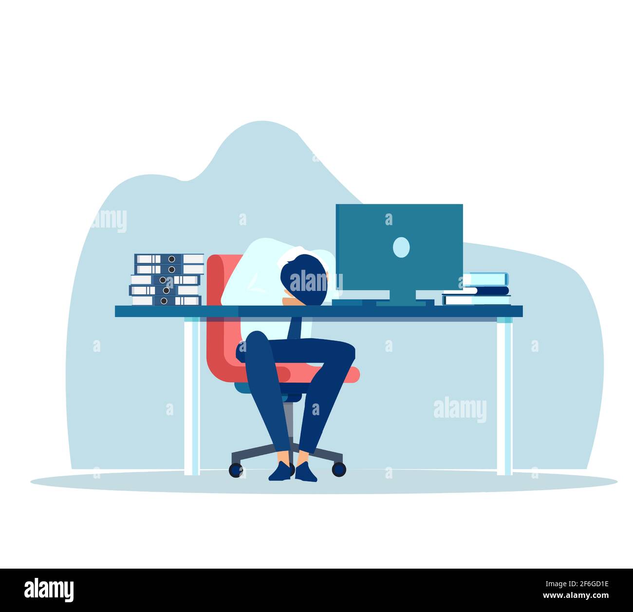 Vector of an exhausted tired businessman in office sitting with head down on desk Stock Vector