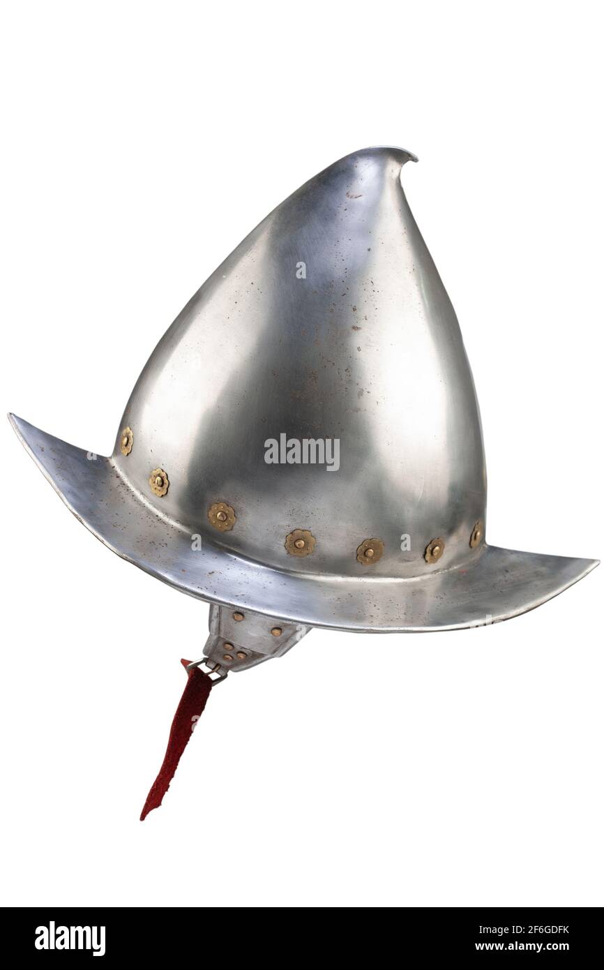 A Spanish conquistador comb morion steeel helmet 16-17th century isolated on white background Stock Photo