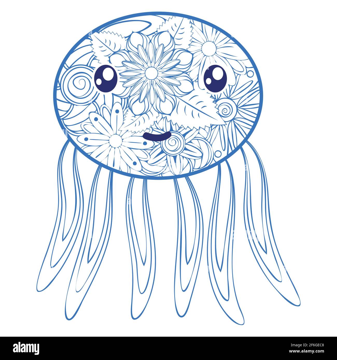 Hand drawn jellyfish in zentangle doodle style. Pattern for coloring