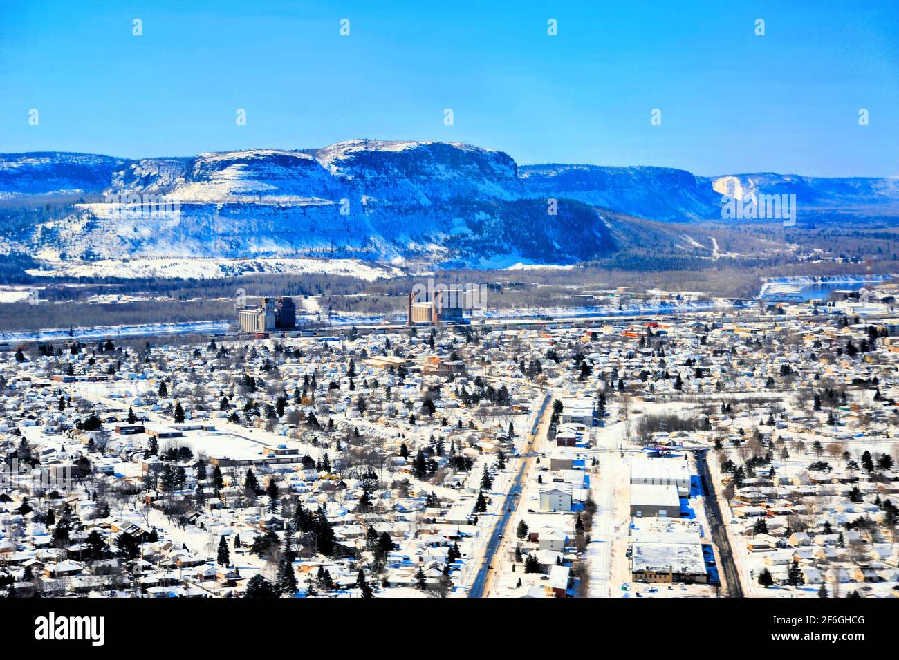 South Eastern part of the city of Thunder Bay, Ontario, Canada, from the air after a late snowfall. Stock Photo