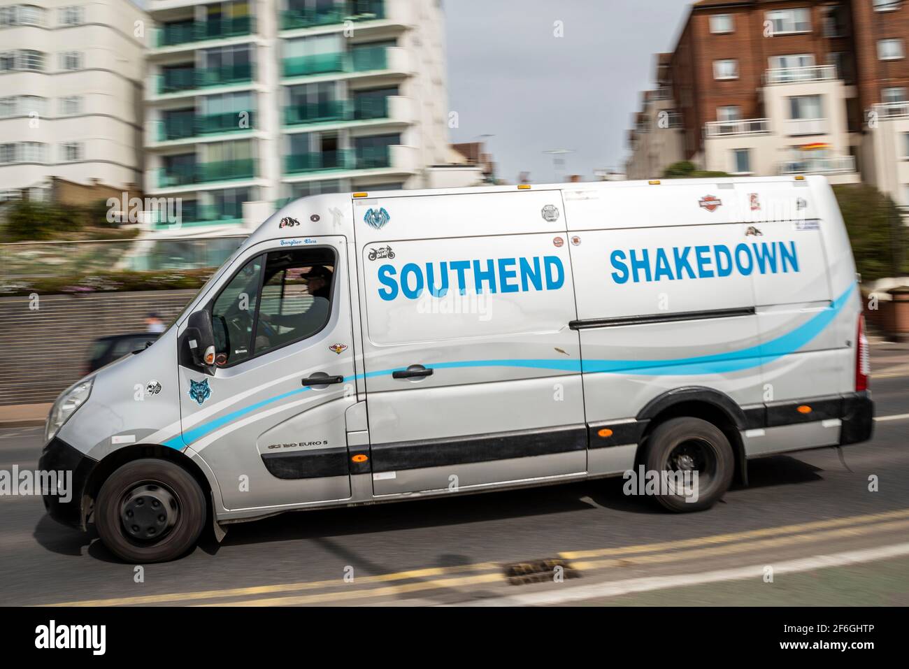 Southend Shakedown van driving in Southend on Sea, Essex, UK. The Southend Shakedown is a motorcycle rally traditionally held at Easter in Southend Stock Photo