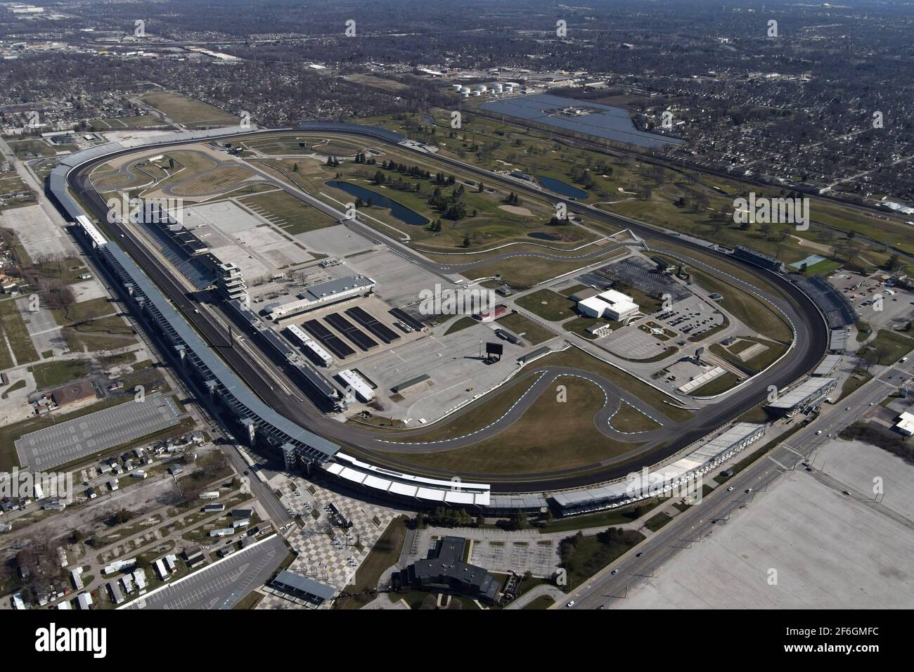An aerial view of the Indianapolis Motor Speedway, Saturday, March 20 2021, in Speedway, Ind. It