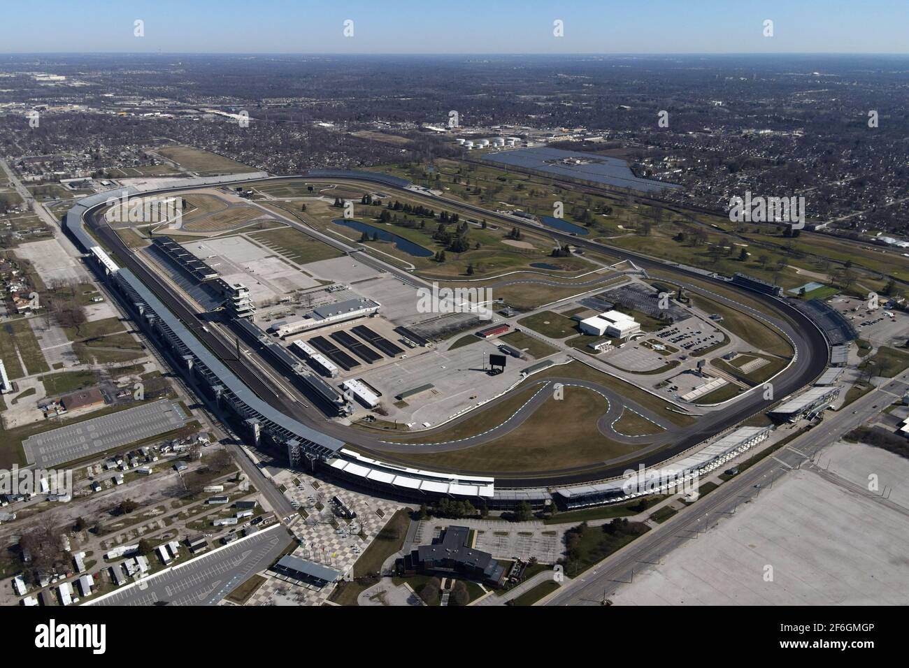 An aerial view of the Indianapolis Motor Speedway, Saturday, March 20 2021, in Speedway, Ind. It