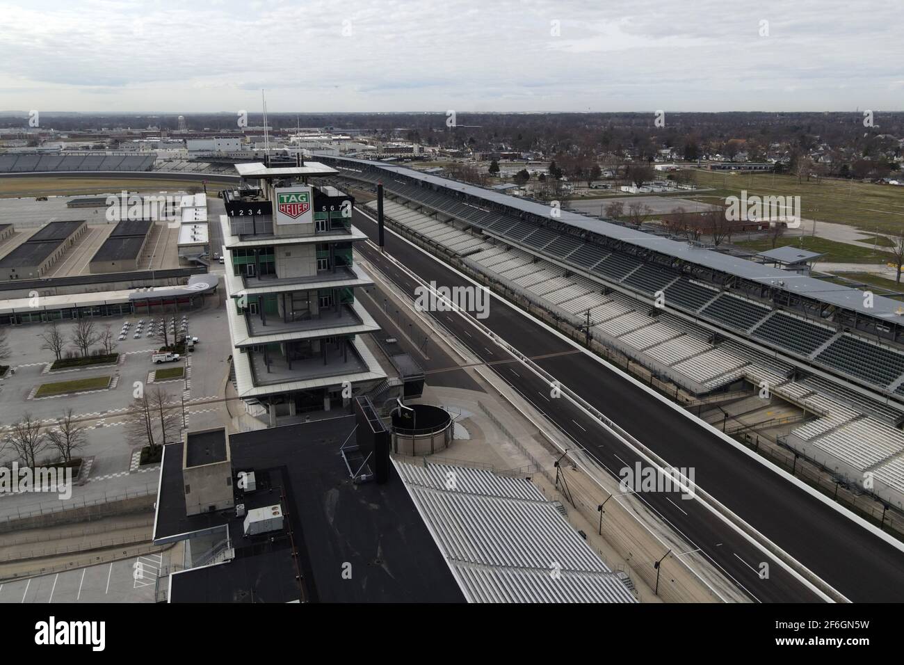 An aerial view of the finish line and Panasonic Pagoda at the Indianapolis Motor Speedway, Monday, March 22, 2021, in Speedway, Ind. It is the home of Stock Photo
