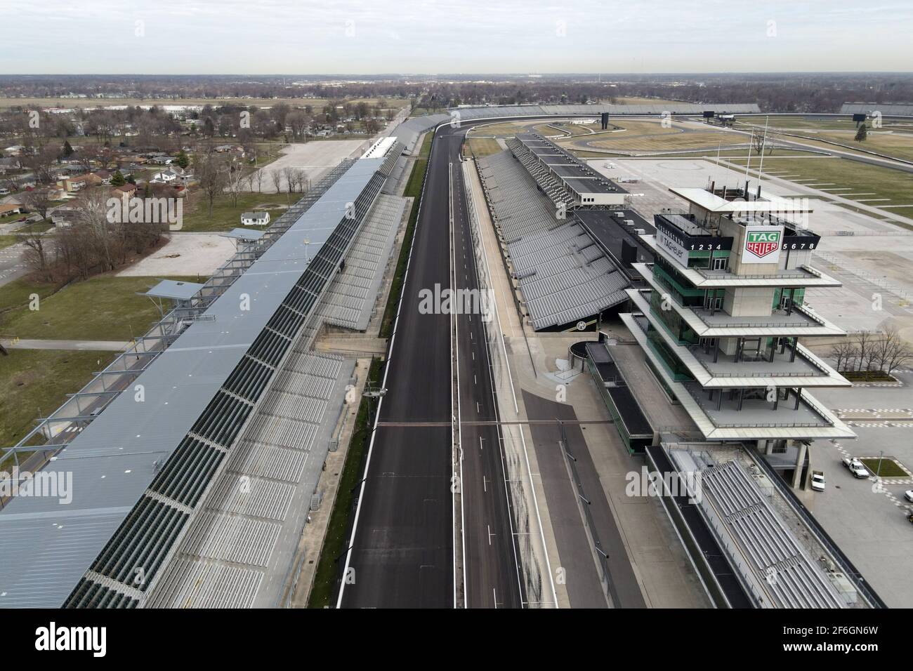 An aerial view of the finish line and Panasonic Pagoda at the Indianapolis Motor Speedway, Monday, March 22, 2021, in Speedway, Ind. It is the home of Stock Photo