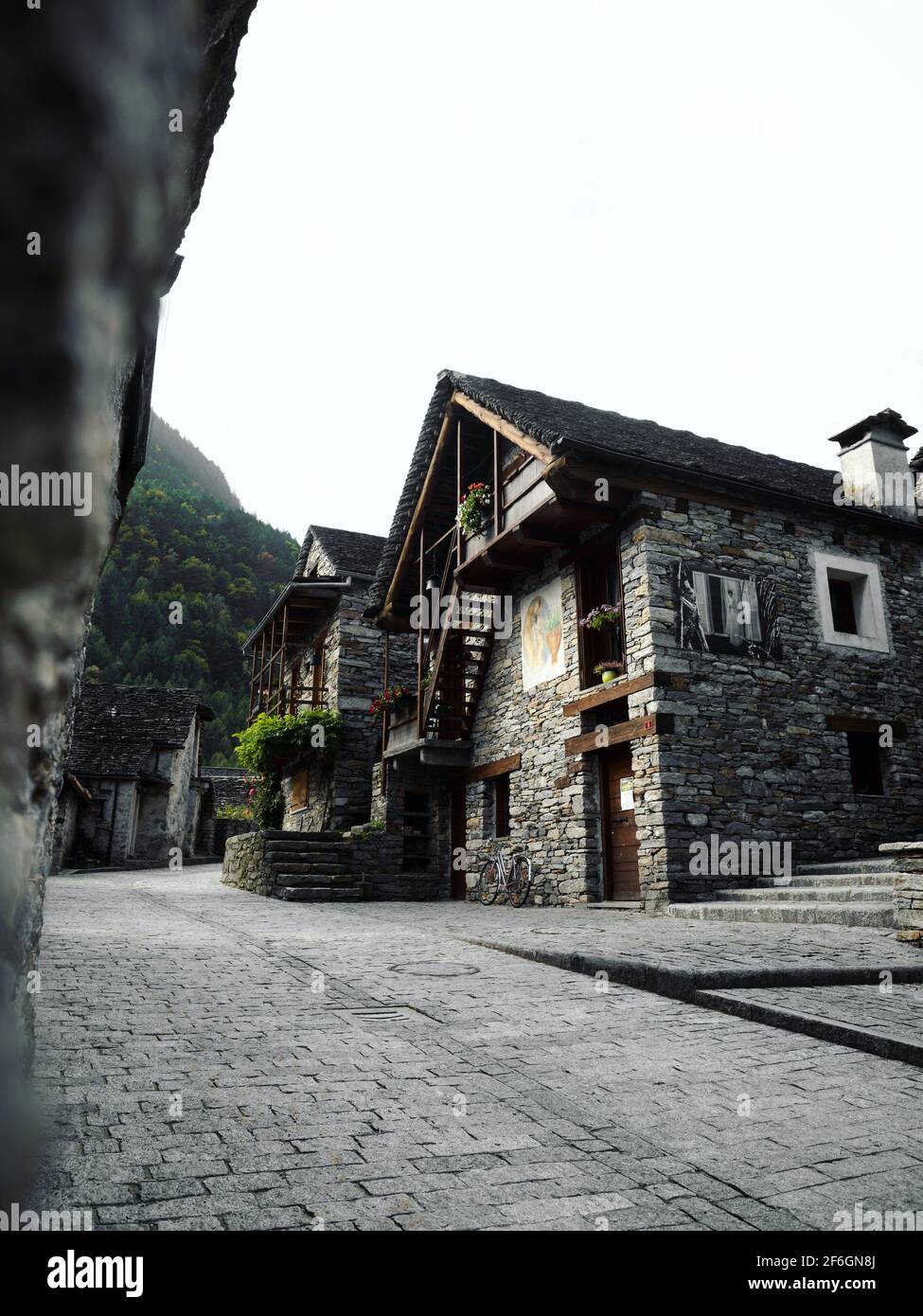 Panorama view of old historic traditional schist stone rock buildings houses in picturesque quaint charming village Sonogno Verzasca Valley Locarno Ti Stock Photo