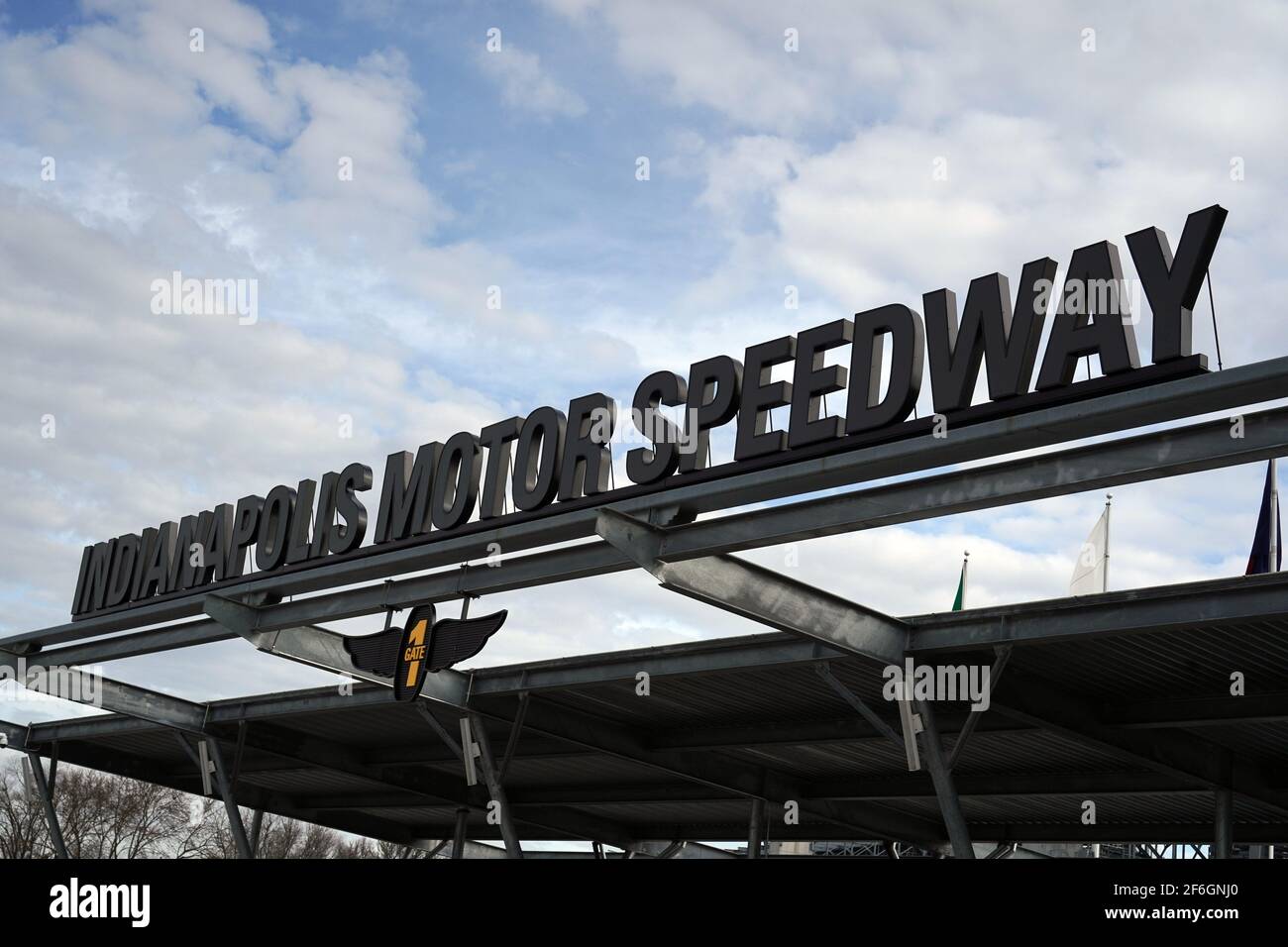 A general view of the Indianapolis Motor Speedway entrance, Monday, March 22, 2021, in Speedway, Ind. It is the home of the Indianapolis 500 and the B Stock Photo