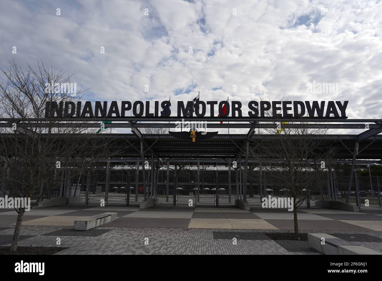 A general view of the Indianapolis Motor Speedway entrance, Monday, March 22, 2021, in Speedway, Ind. It is the home of the Indianapolis 500 and the B Stock Photo