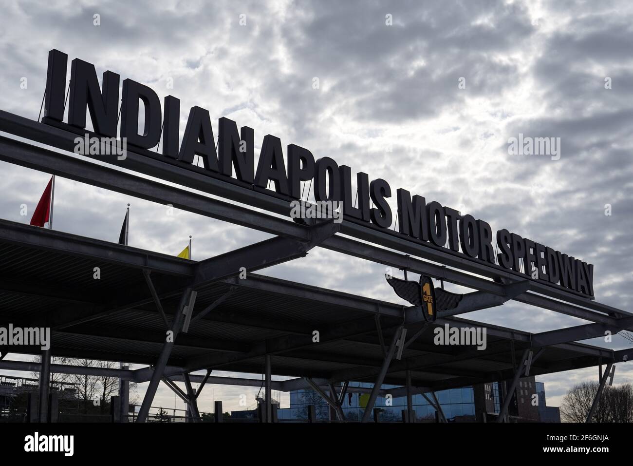 A general view of the Indianapolis Motor Speedway entrance, Monday, March 22, 2021, in Speedway, Ind. It is the home of the Indianapolis 500 and the B Stock Photo