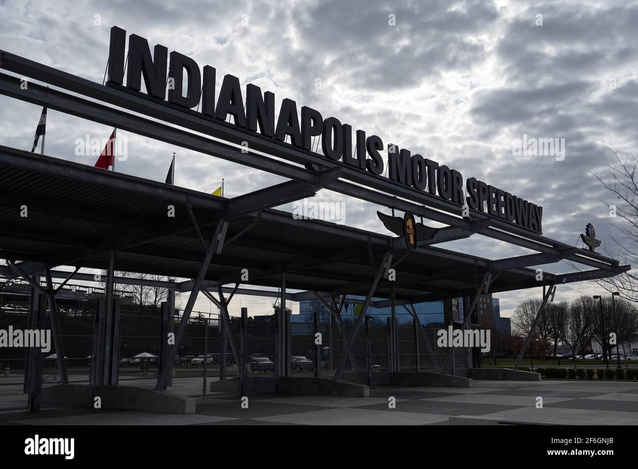 A general view of the Indianapolis Motor Speedway entrance, Monday, March 22, 2021, in Speedway, Ind. It is the home of the Indianapolis 500 and the B Stock Photo