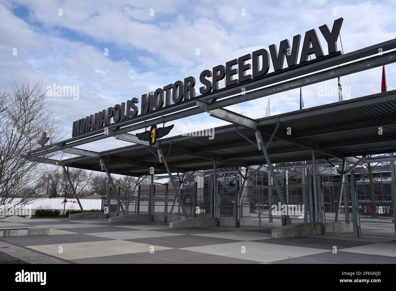 A general view of the Indianapolis Motor Speedway entrance, Monday, March 22, 2021, in Speedway, Ind. It is the home of the Indianapolis 500 and the B Stock Photo