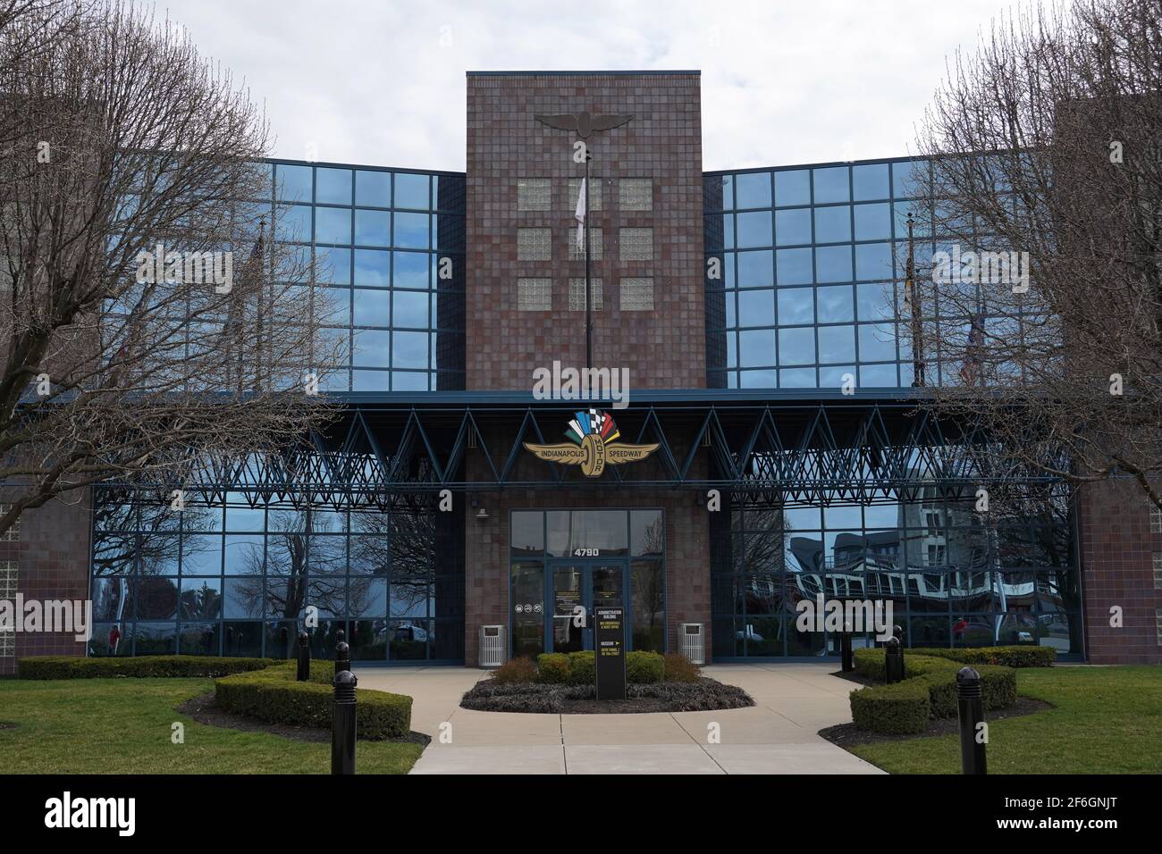 A general view of the Indianapolis Motor Speedway adminstration building, Monday, March 22, 2021, in Speedway, Ind. It is the home of the Indianapolis Stock Photo