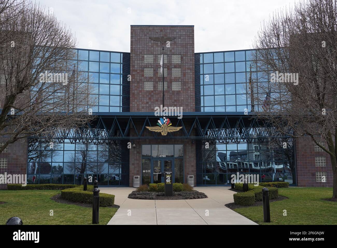 A general view of the Indianapolis Motor Speedway adminstration building, Monday, March 22, 2021, in Speedway, Ind. It is the home of the Indianapolis Stock Photo