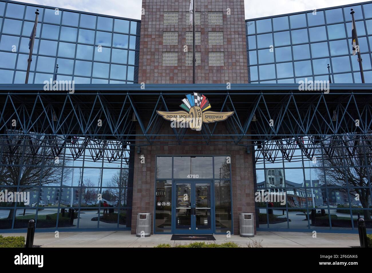 A general view of the Indianapolis Motor Speedway adminstration building, Monday, March 22, 2021, in Speedway, Ind. It is the home of the Indianapolis Stock Photo