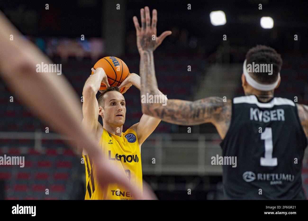Riga, Latvia. 31st Mar, 2021. Marcelinho Huertas of Lenovo Tenerife competes during the Europe Basketball Champions League group J match between VEF Riga and Lenovo Tenerife in Riga, Latvia, on March 31, 2021. Credit: Edijs Palens/Xinhua/Alamy Live News Stock Photo