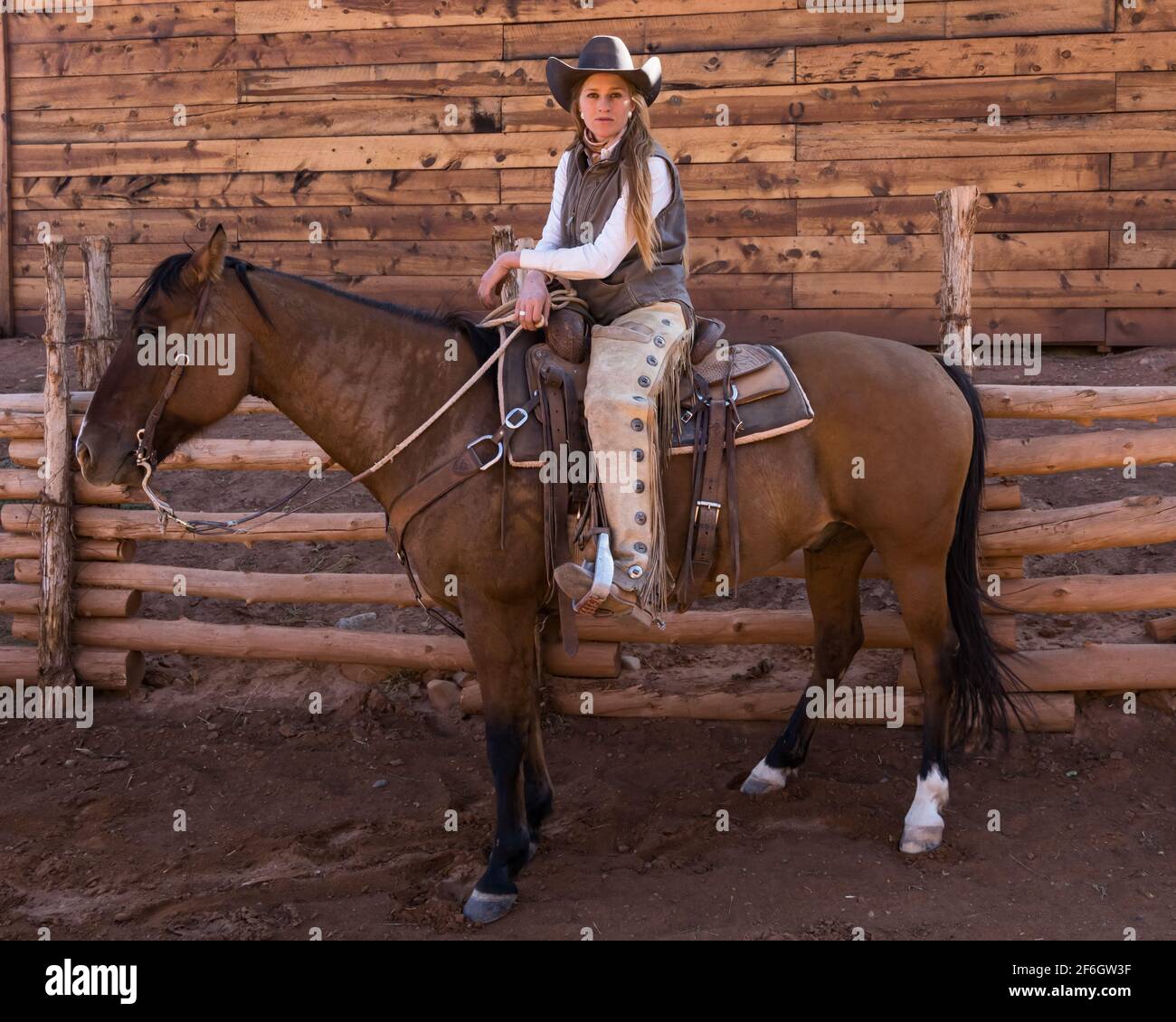 A young attractive working cowgirl wrangler poses on her horse on a ranch near Moab, Utah. She wears leather chaps to protect her from thorny brush w Stock Photo