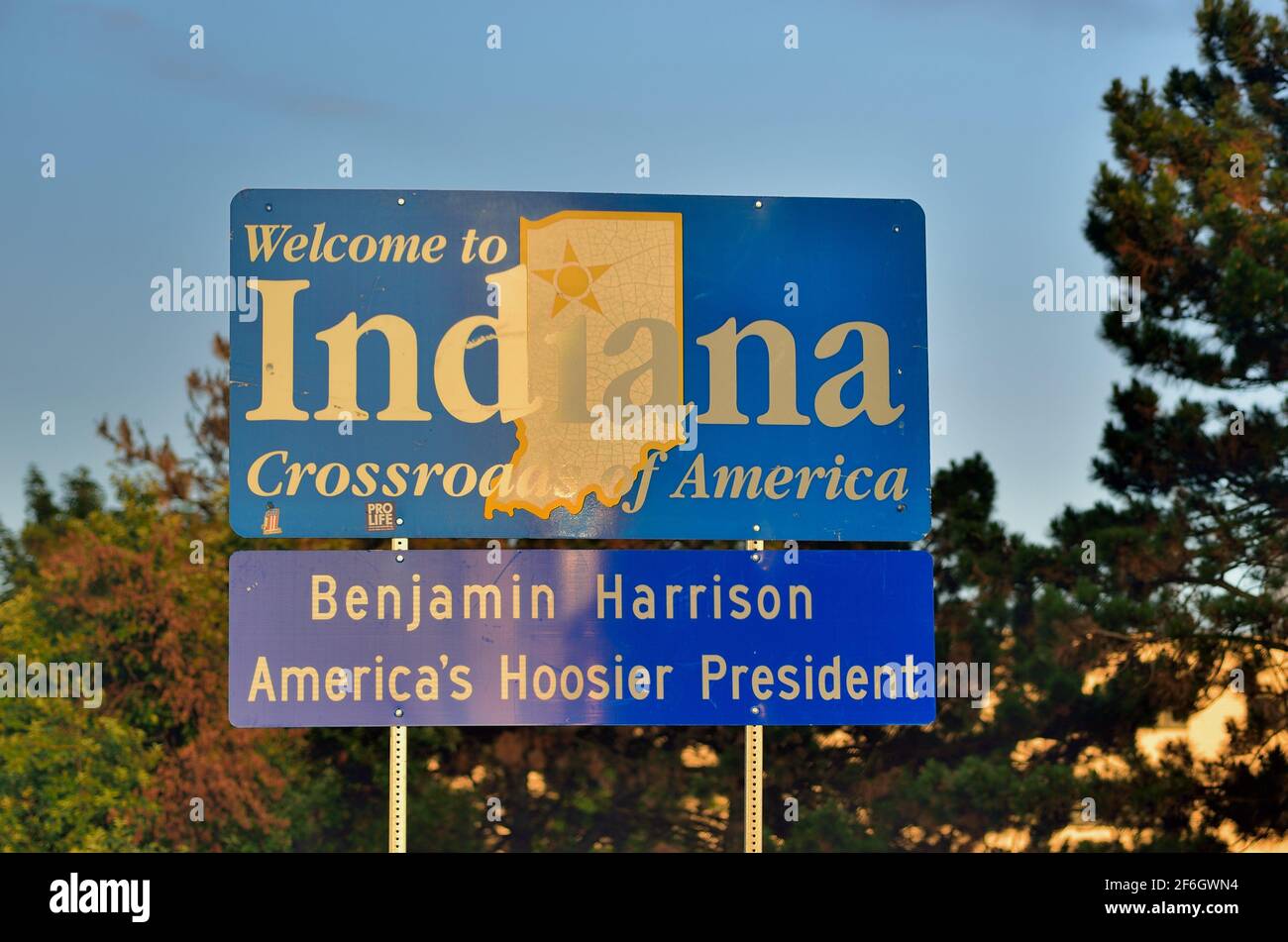 Dyer, Indiana, USA. A sign at the state line between Illinois and