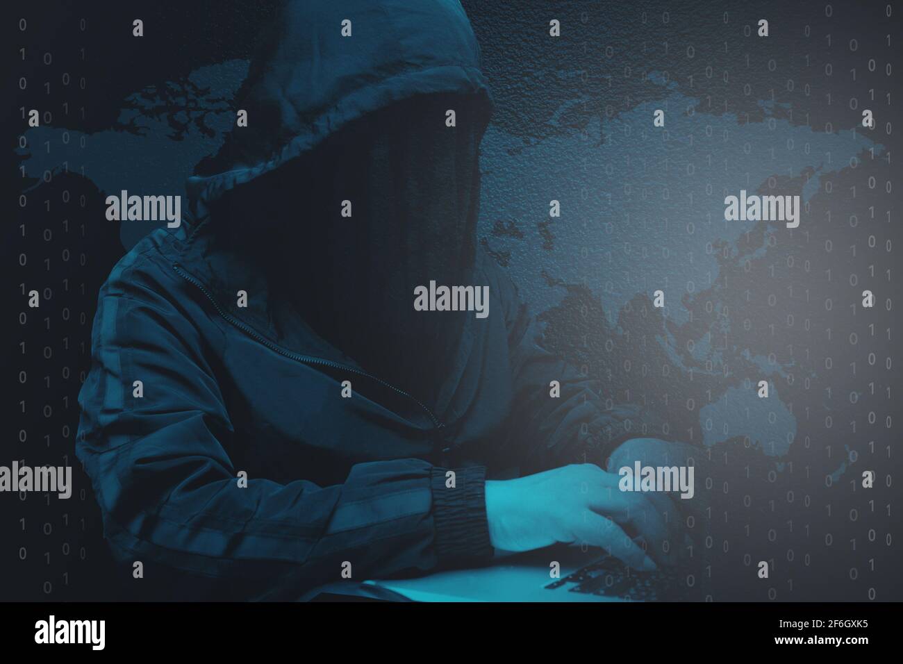 Hacker computer binary code system use laptop on world maps background. Stock Photo