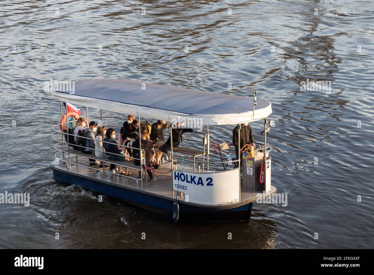 PRAGUE - March 31: Ferry Holka 2 transports passengers from district Karlin  to district Holesovice on March 31, 2021 on Vltava river, Czech Republic  Stock Photo - Alamy