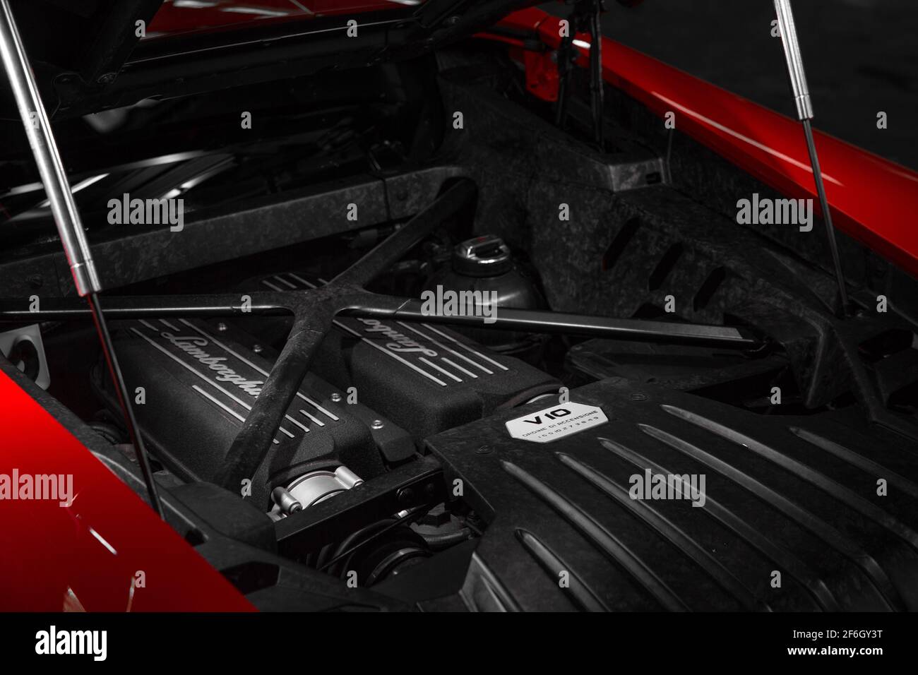 The Carbon Fibre Engine Bay Of A 2015 Huracan Stock Photo