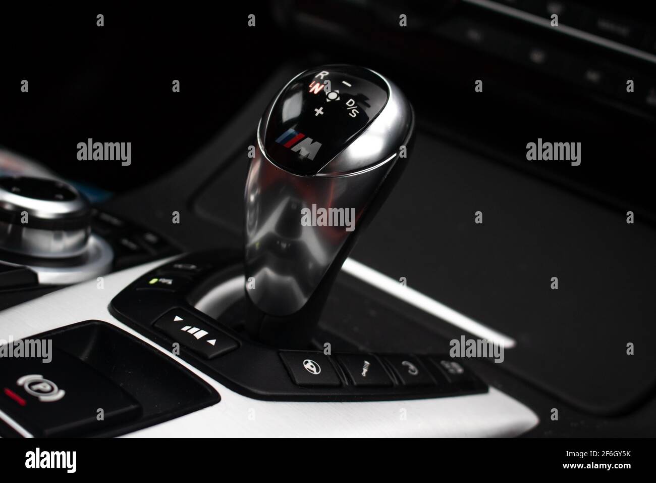 An Automatic Gear Stick Inside the 2014 BMW M5 F10 Stock Photo