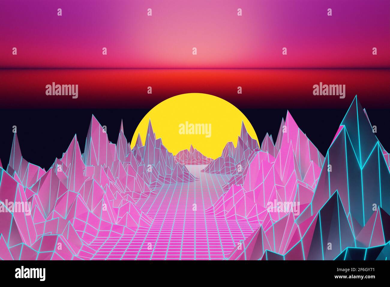 3d rendering, Virtual reality, road from geometric lines between the mountains to the setting sun.Design in the style of the 80s.  Futuristic synthesi Stock Photo