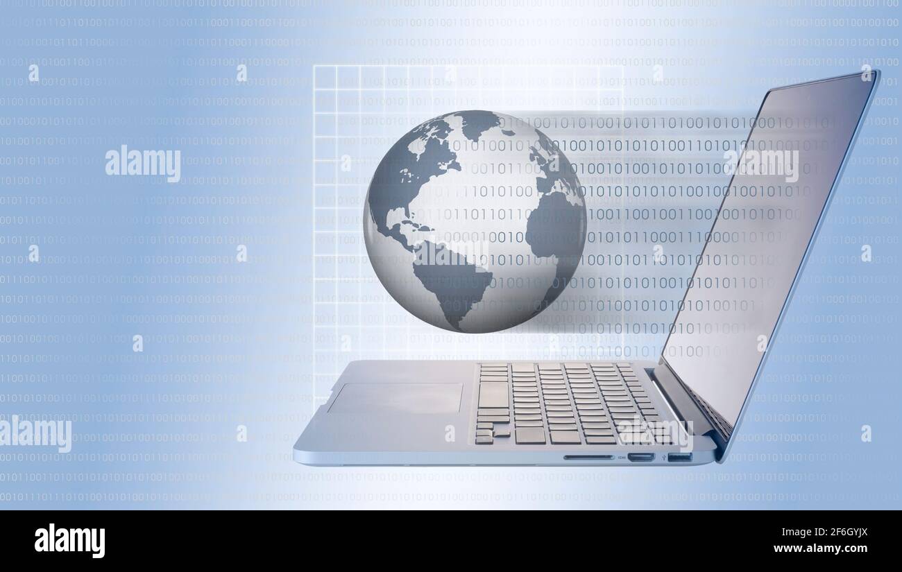 Globe and laptop with binary code Stock Photo