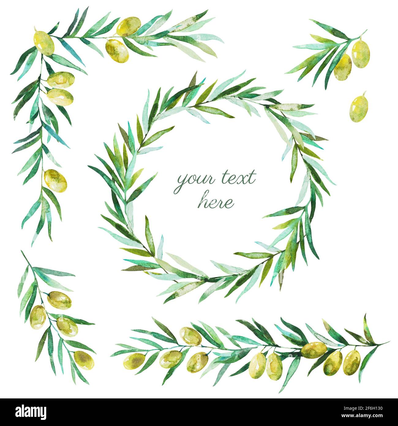 Seamless pattern with olive branches and olives. Watercolor hand ...