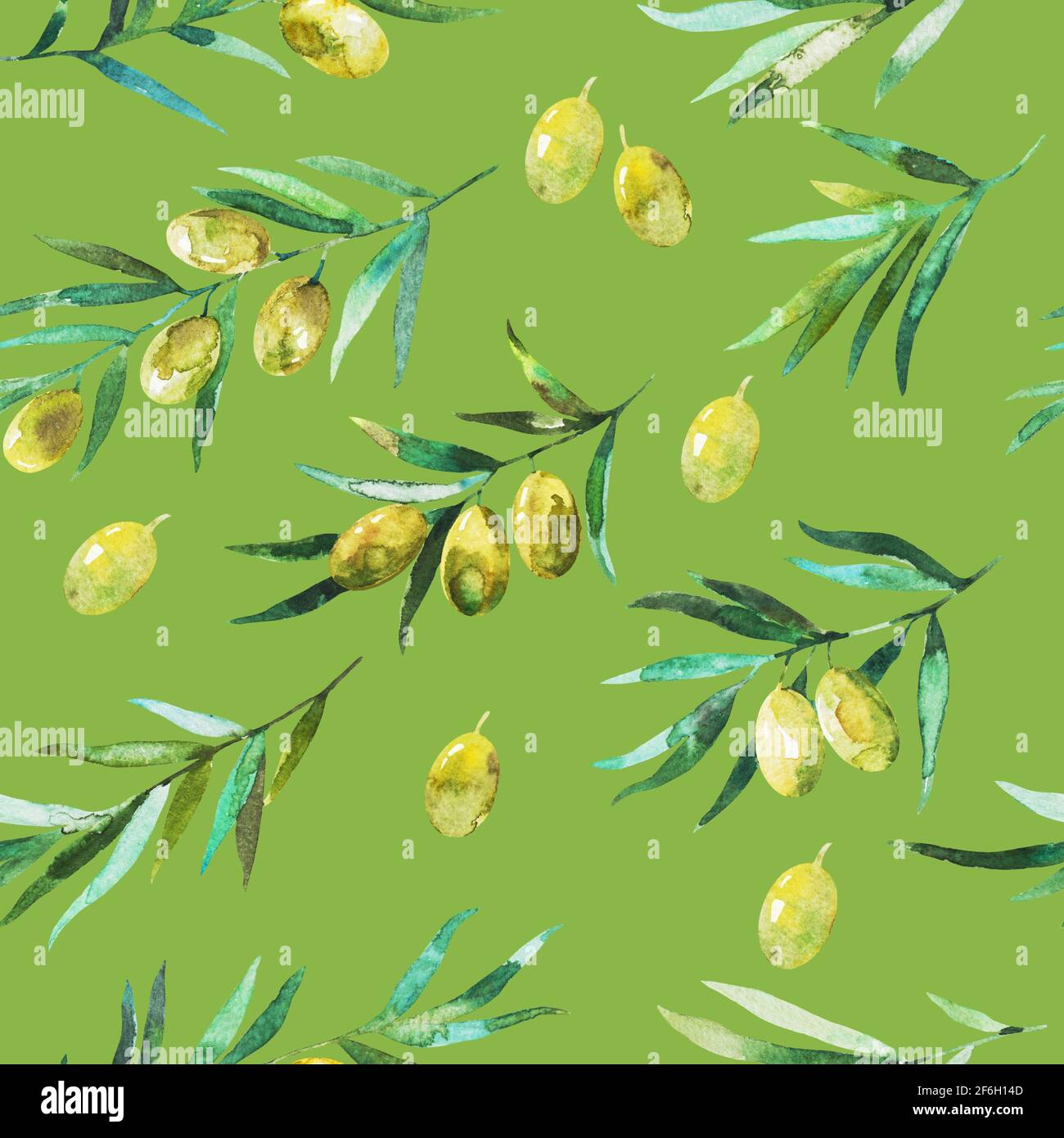 Seamless pattern with olive branches and olives. Watercolor hand ...