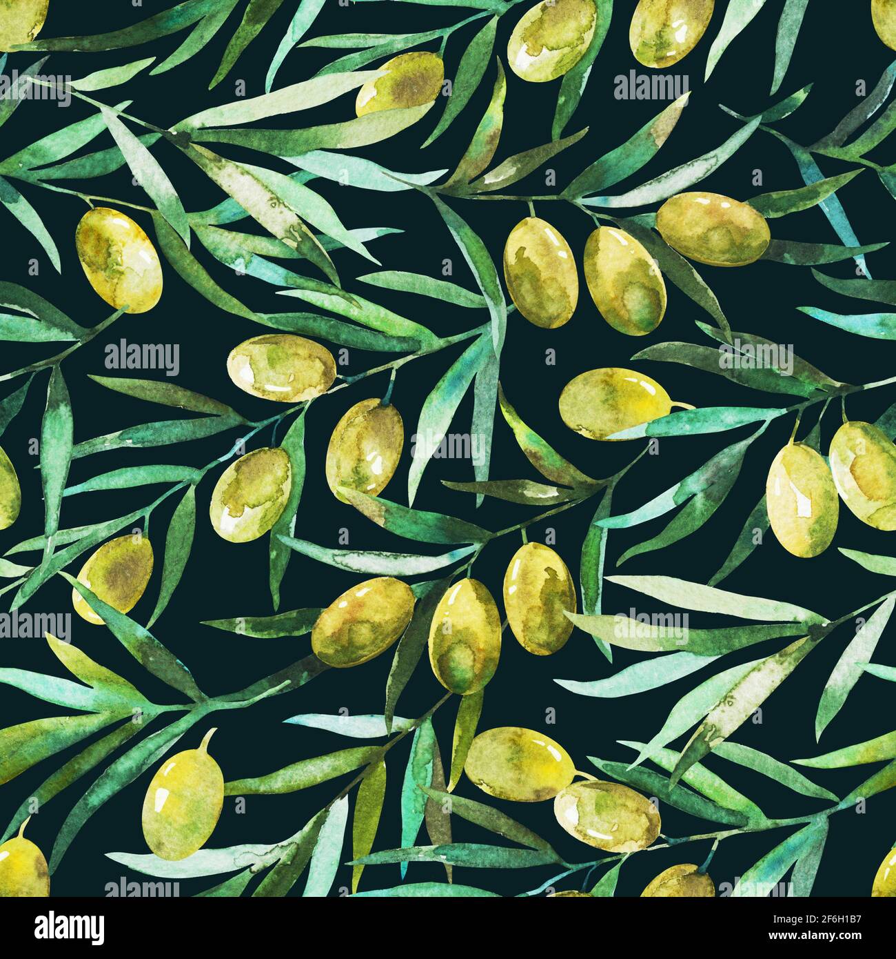 Seamless pattern with olive branches and olives. Watercolor hand ...