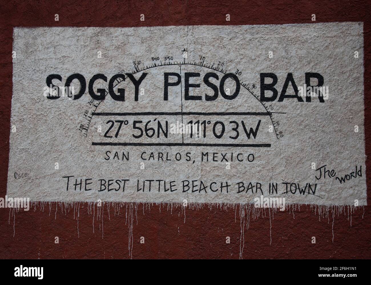 A sign for Soggy Peso Bar, a popular beach restaurant and bar on the beach, Playa Algodones, in San Carlos, Sonora, Mexico. Stock Photo