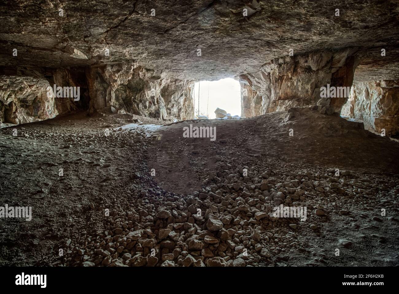 The entrance to the old abandoned limestone adits. Stock Photo