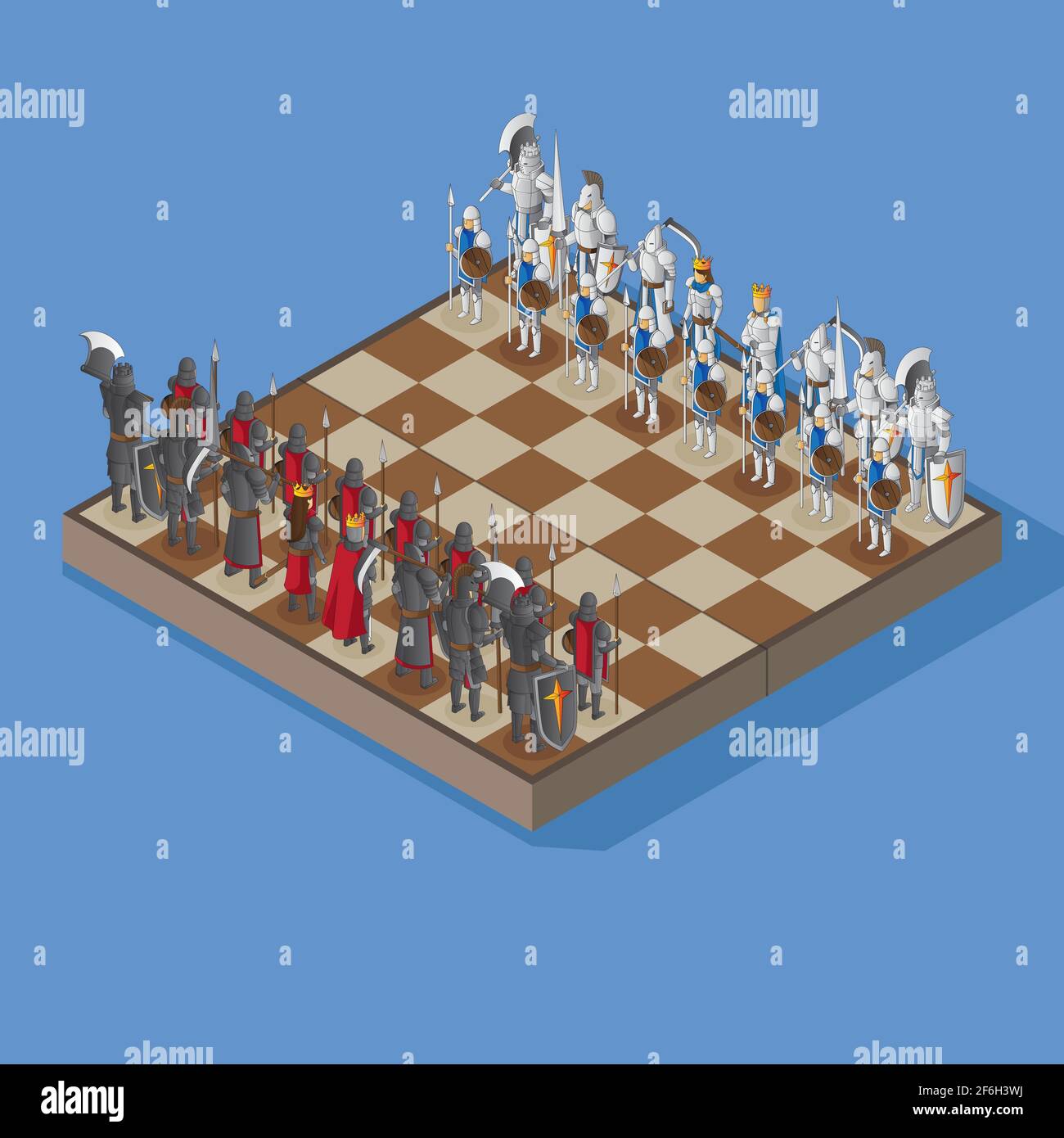 vector illustration of Chessboard with armored human figures in isometric view Stock Vector
