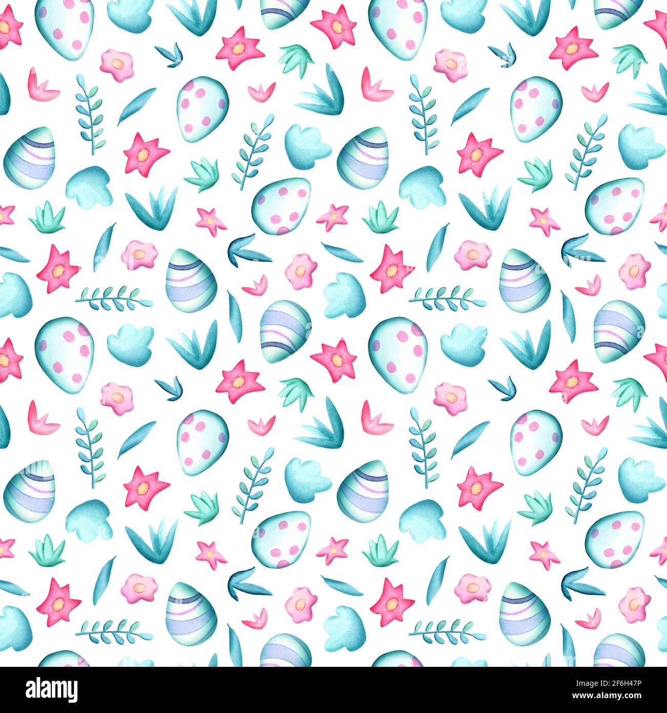 Easter eggs and spring flora seamless pattern square tile on white background. Watercolor Easter wrapping tissue swatch. Spring holiday pastel print f Stock Photo