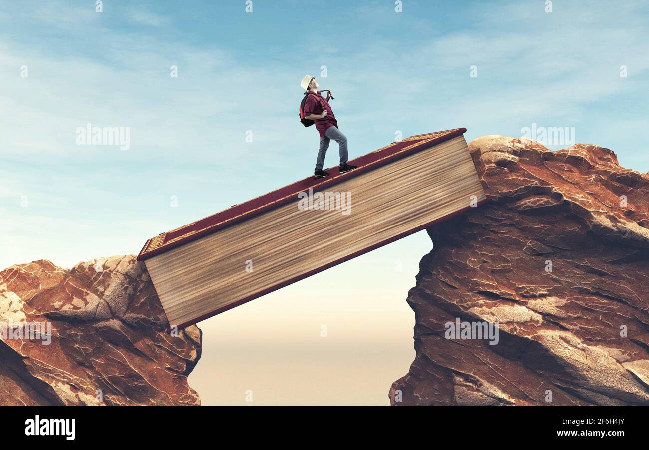Student running over a gap between mountains on a book . Overcome any obstacle . Stock Photo
