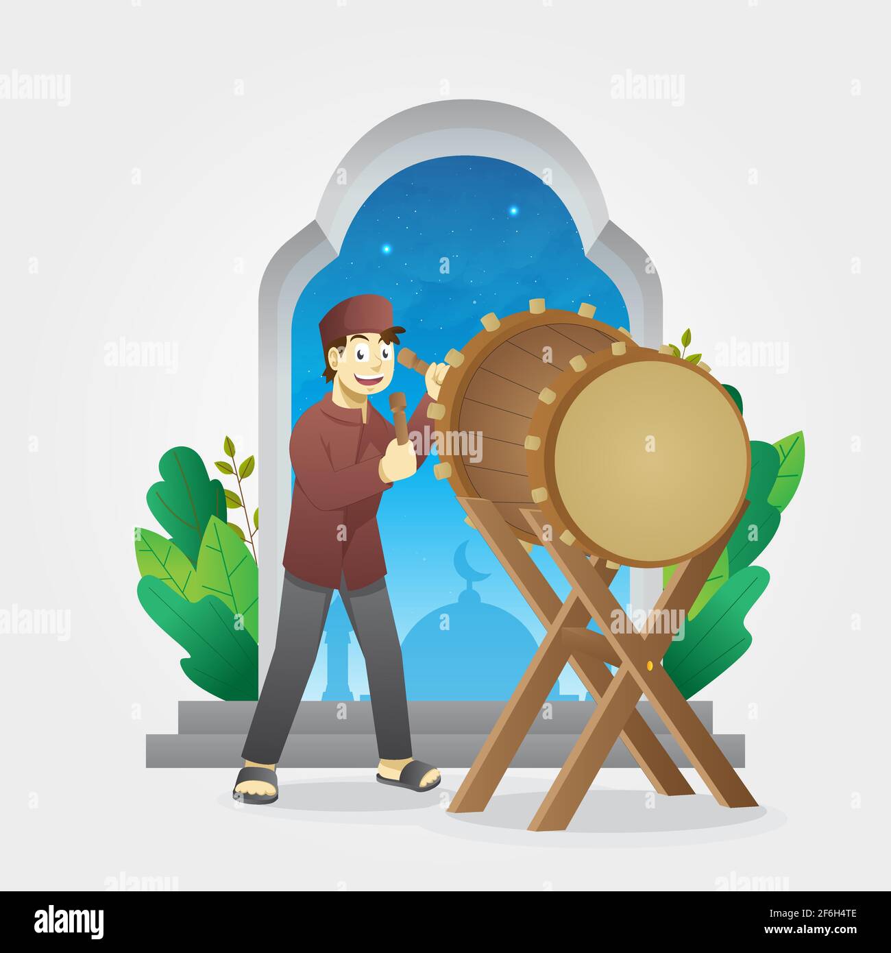 Eid al fitr greetings with a boy hitting a ceremonial drum Stock Vector