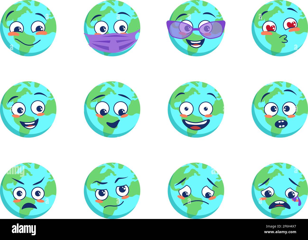 Earth planet icons set with different emotions, medical mask and goggles. World Earth Day Stock Vector