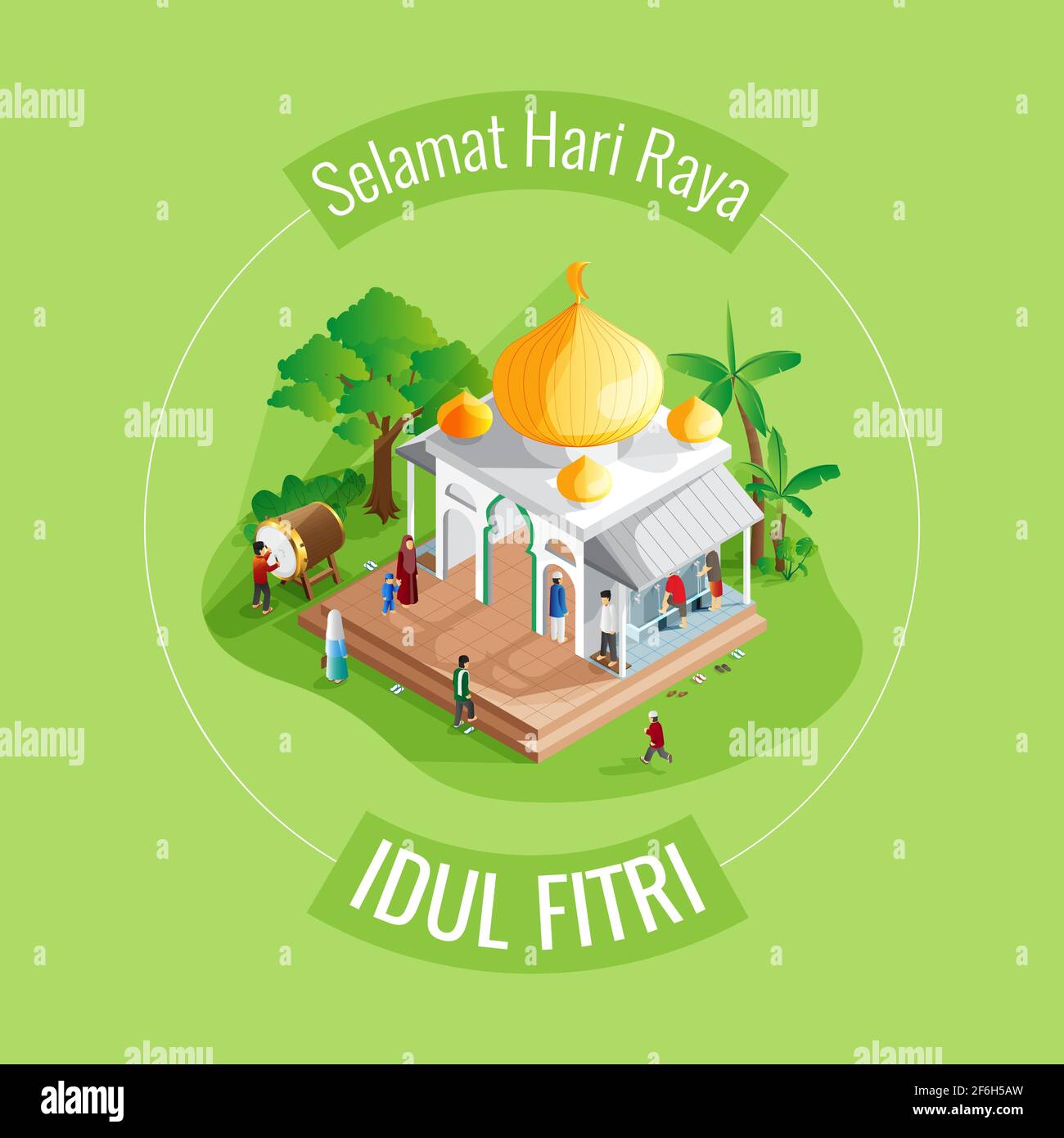 Eid al fitr mosque vector greeting card in isometric view Stock Vector ...