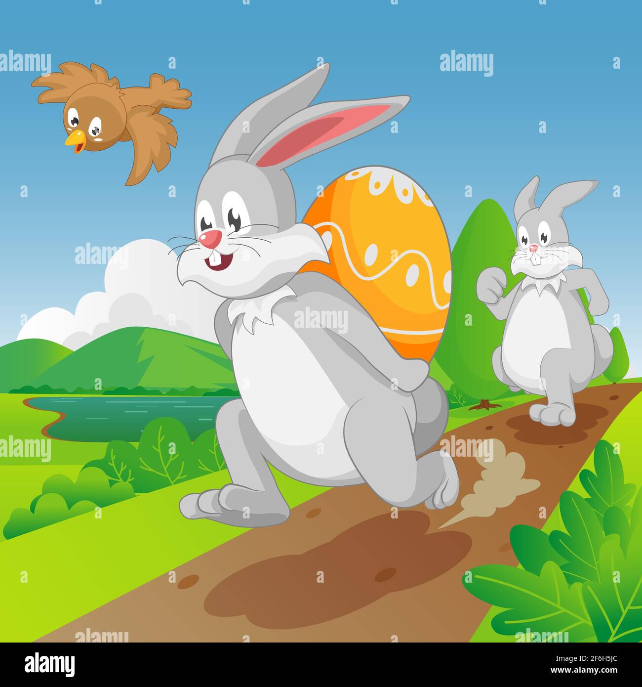 Easter rabbit running carrying easter egg background Stock Vector