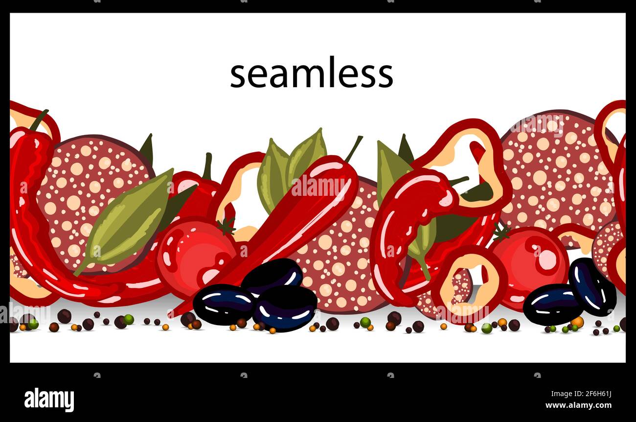 Spice seamless border. Assorted spices. Kitchen theme. Cooking. Kitchen textiles design. Vector illustration. Stock Vector