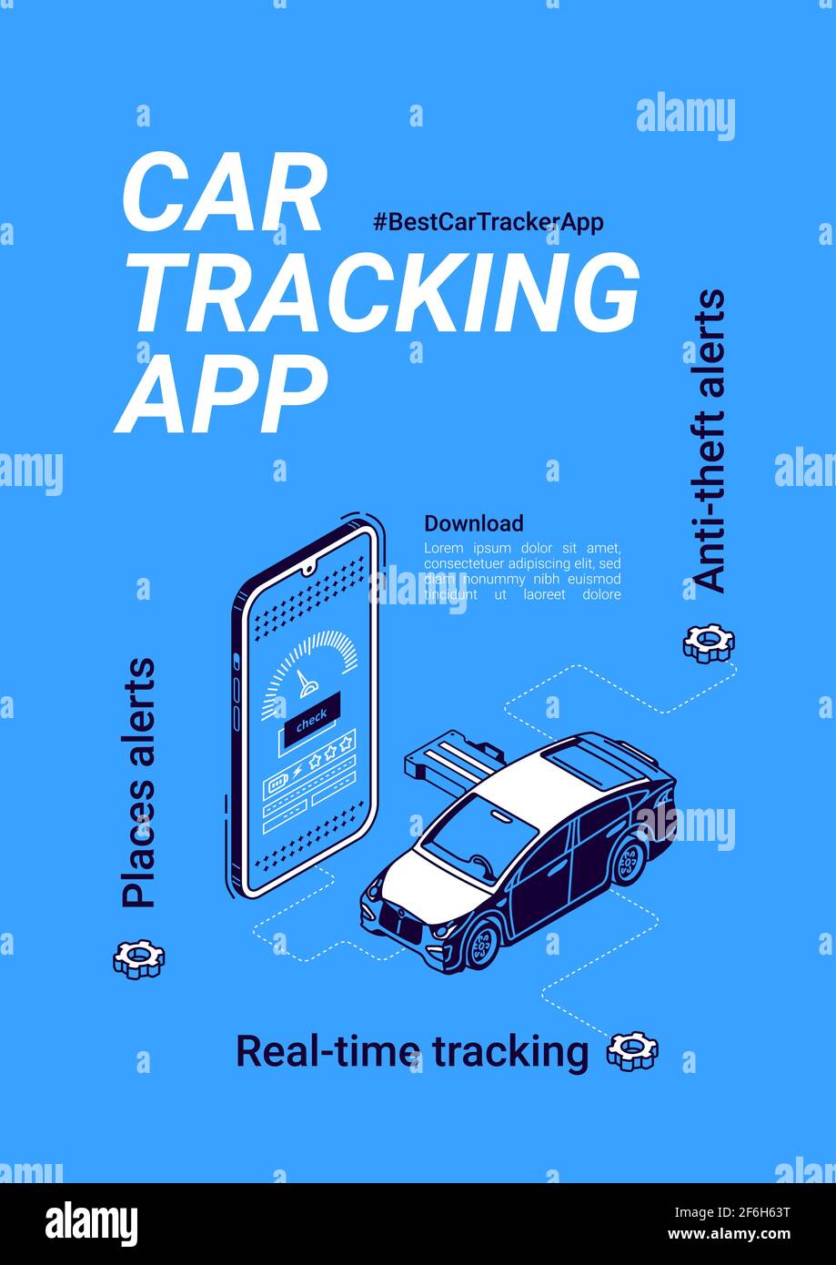 Korn sy indenlandske Car tracker app banner. Online gps geolocation service for vehicle with  anti-theft and places alerts on mobile phone. Vector poster with isometric  illustration of auto and smartphone Stock Vector Image & Art -