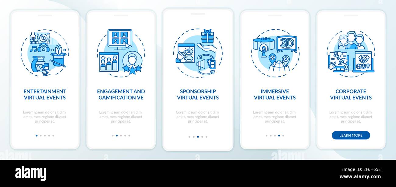 Remote events types onboarding mobile app page screen with concepts Stock Vector