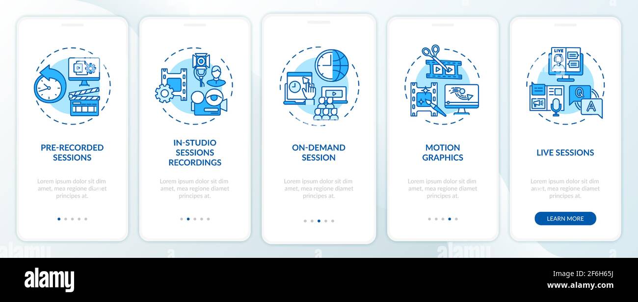 Remote event content onboarding mobile app page screen with concepts Stock Vector