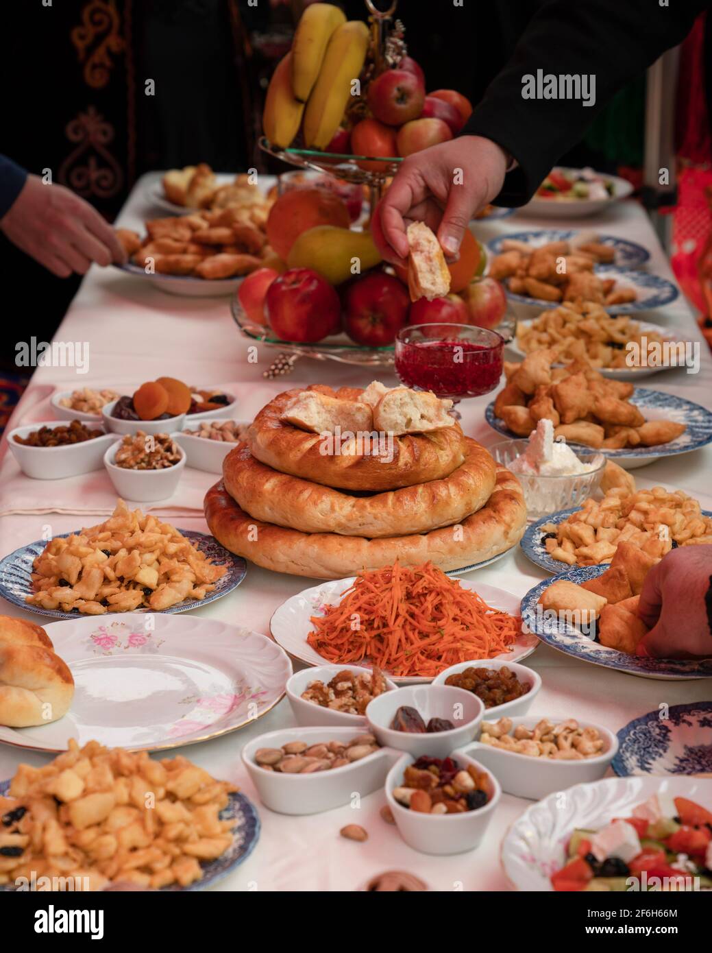 View of the banquet table. fruit and nut plates. Stock Photo