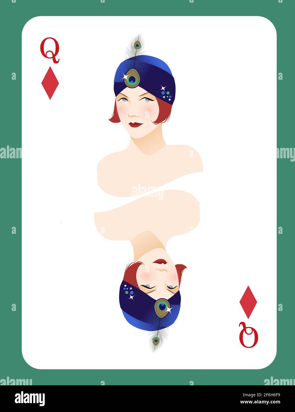 Queen of Diamonds. Beautiful lady wearing Belle Epoque style headdress, adorned with peacock feathers. Stock Vector