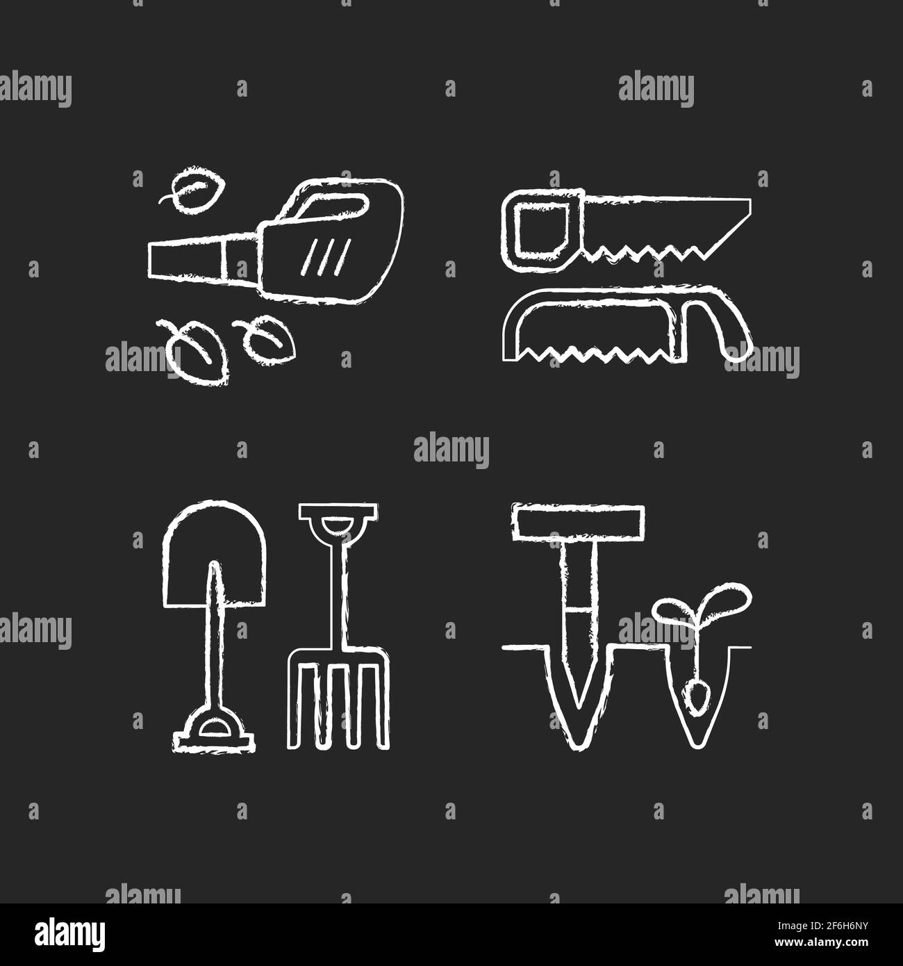 Garden instruments chalk white icons set on black background Stock ...