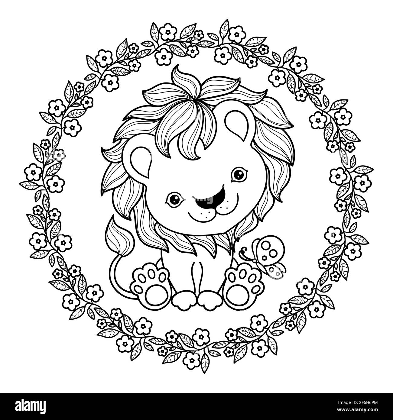Cute cartoon lion cub in a round frame of flowers. Linear drawing. Vector Stock Vector